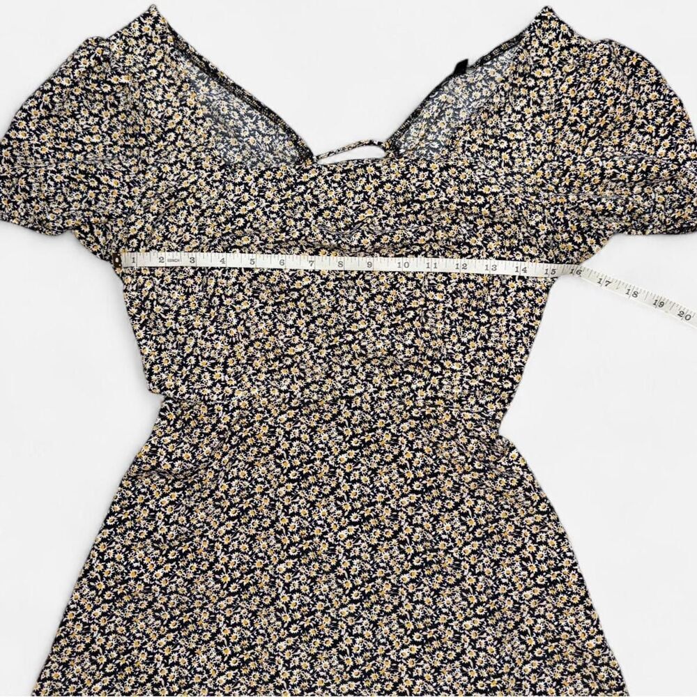 Black Puff Sleeve Yellow Daisy Mini Dress with Open Tie Back; Size SMALL - Picture 3 of 8